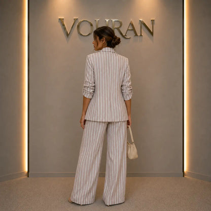 Striped Linen Blazer — Relaxed Fit Single Button Jacket