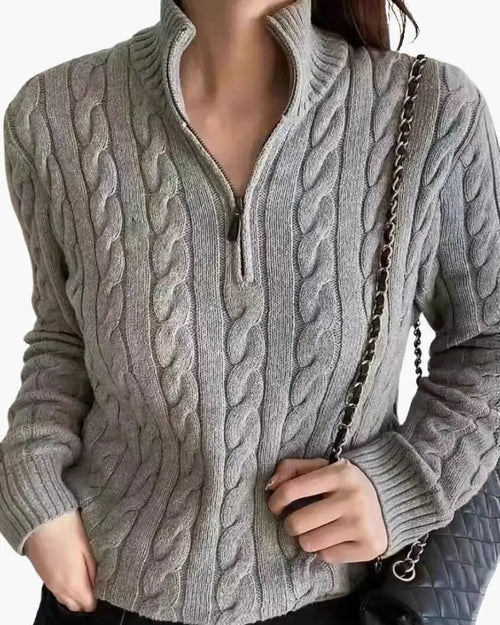 Women's grey cable knit half-zip sweater with ribbed cuffs and high neck collar, premium spun cotton knitwear