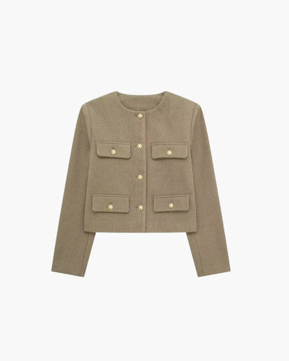 Women's cropped collarless blazer in brown with gold buttons and four flap pockets, structured tailored fit