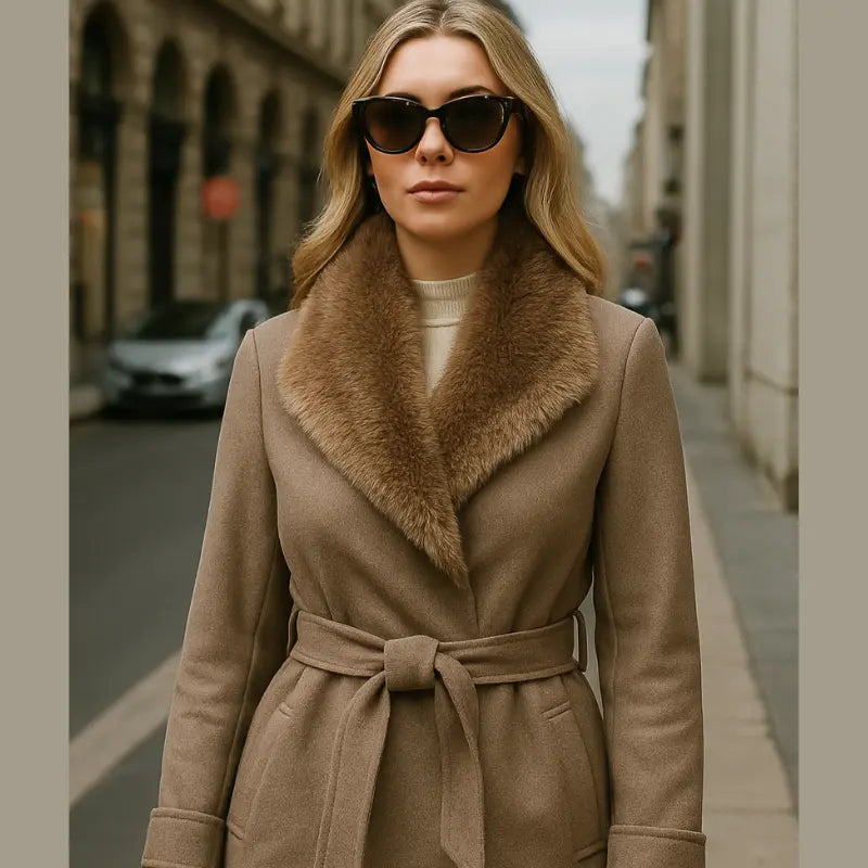 Long Belted Coat with Faux Fur Lapel