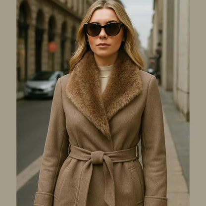 Long Belted Coat with Faux Fur Lapel
