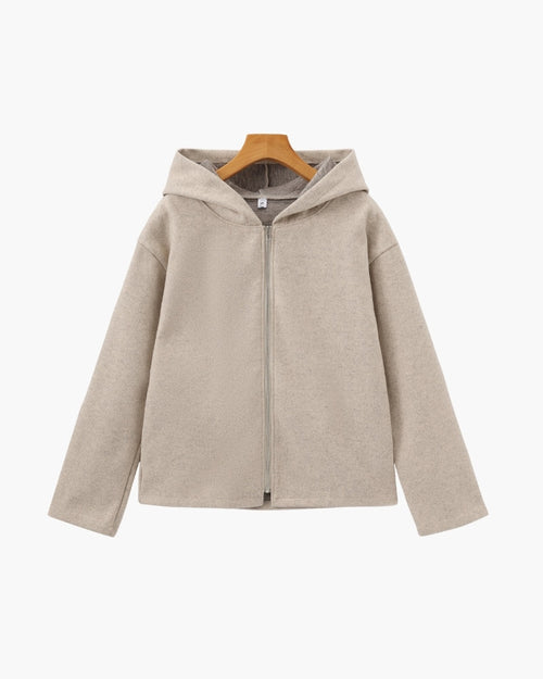 Women's hooded wool-blend zip coat in oatmeal beige, relaxed structured fit with full-length zip closure on hanger
