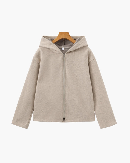 Women's hooded wool-blend zip coat in oatmeal beige, relaxed structured fit with full-length zip closure on hanger