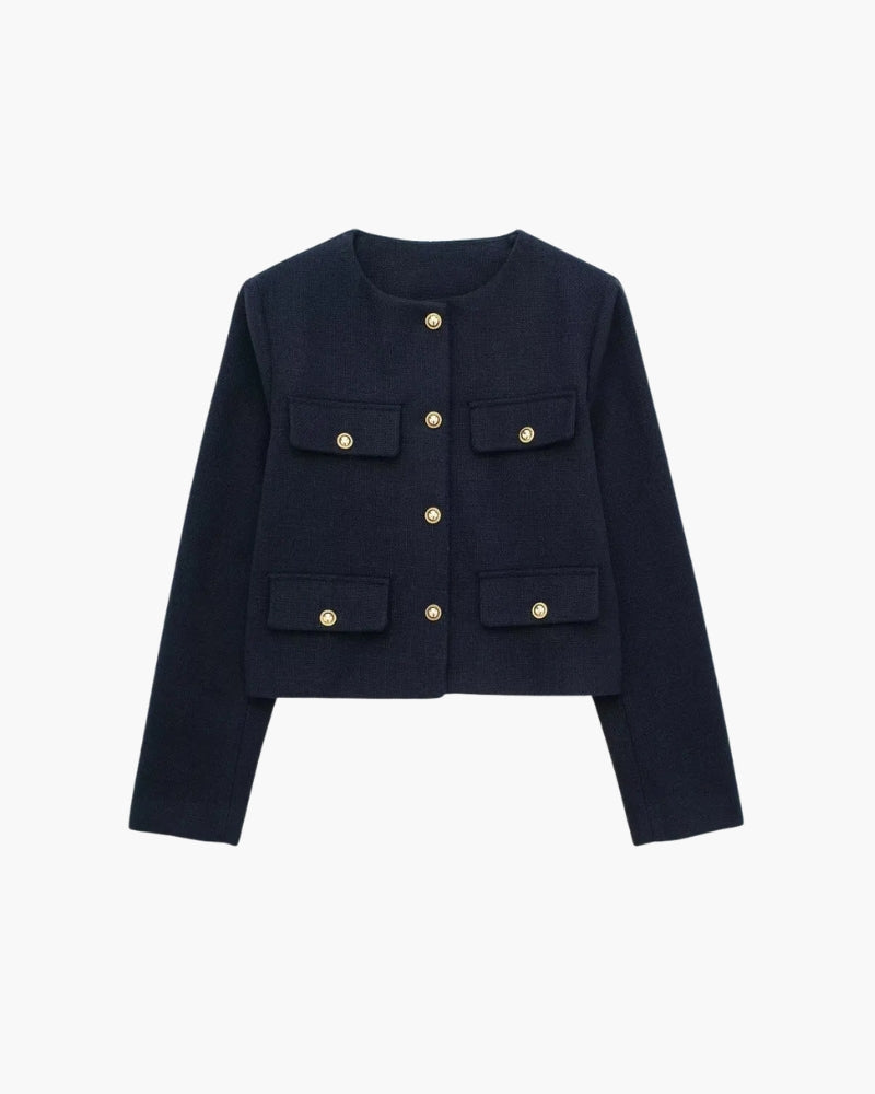 Cropped Bouclé-Style Blazer – Women's Gold Button Jacket
