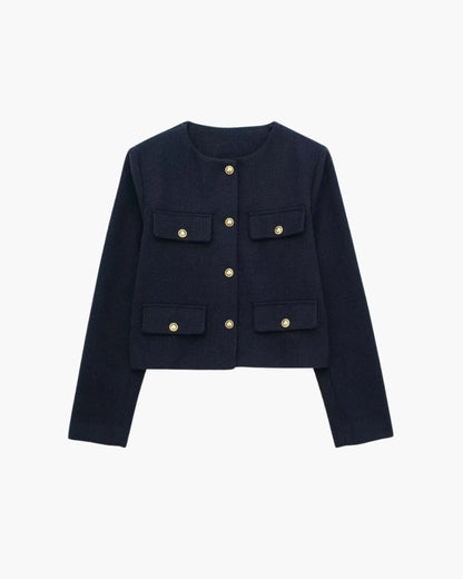 Cropped Bouclé-Style Blazer – Women's Gold Button Jacket