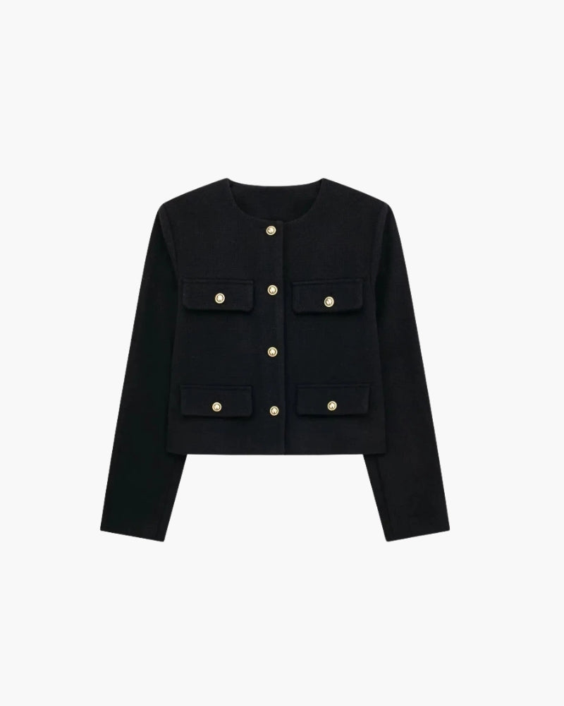 Cropped Bouclé-Style Blazer – Women's Gold Button Jacket
