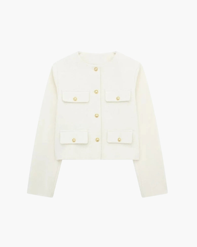 Cropped Bouclé-Style Blazer – Women's Gold Button Jacket