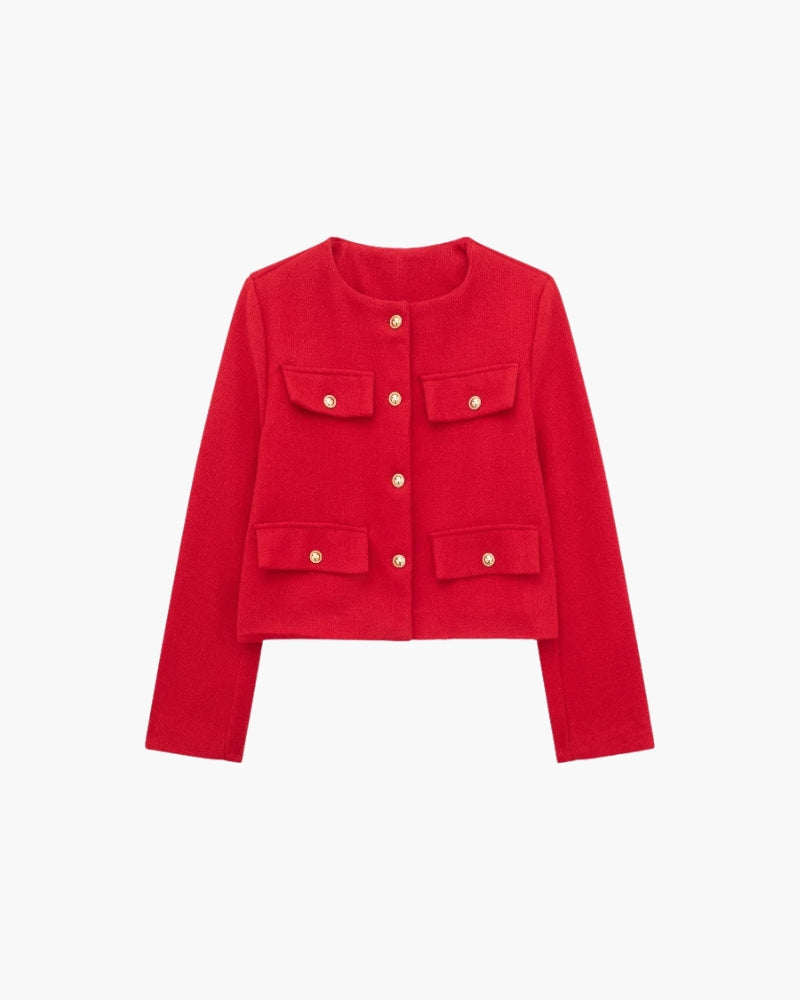 Cropped Bouclé-Style Blazer – Women's Gold Button Jacket