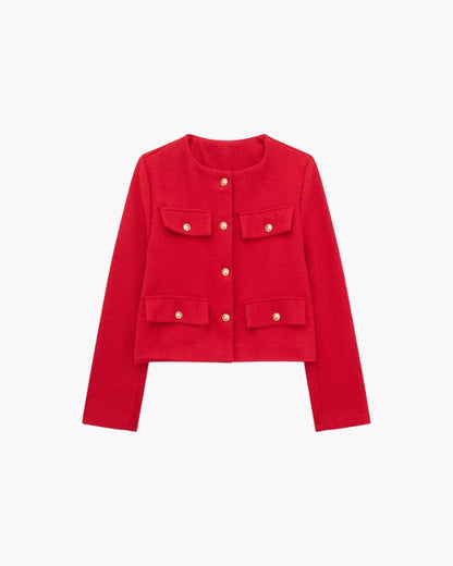 Cropped Bouclé-Style Blazer – Women's Gold Button Jacket