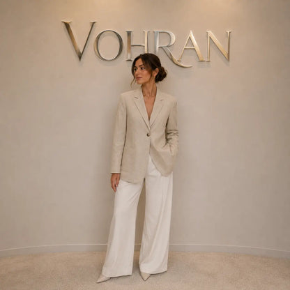 Women's tailored 100% linen blazer in khaki with 3/4 sleeves and single button front, styled with white wide-leg trousers against Vohran branded wall