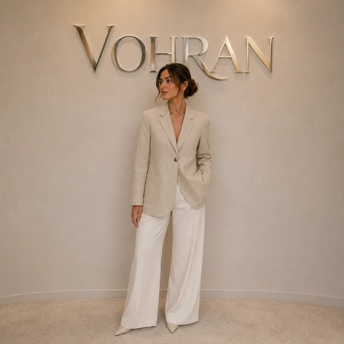 Women's tailored 100% linen blazer in khaki with 3/4 sleeves and single button front, styled with white wide-leg trousers against Vohran branded wall