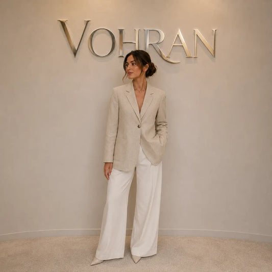 Women's tailored 100% linen blazer in khaki with 3/4 sleeves and single button front, styled with white wide-leg trousers against Vohran branded wall