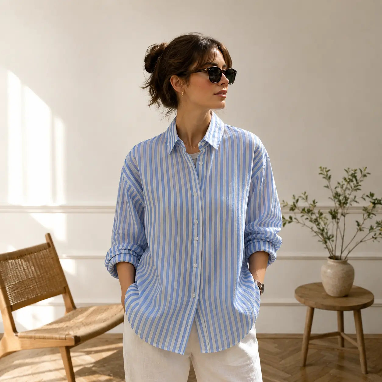 Women's oversized linen-blend striped shirt in blue and white, relaxed fit with button-through front and cuffed sleeves styled with white linen trousers
