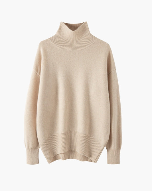 Women's ribbed knit turtleneck in beige with high neckline and long sleeves, styled for an elegant everyday look