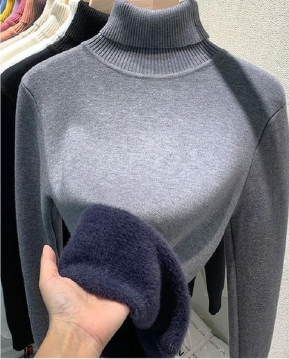 Velvet-Lined Turtleneck Knitted Sweater