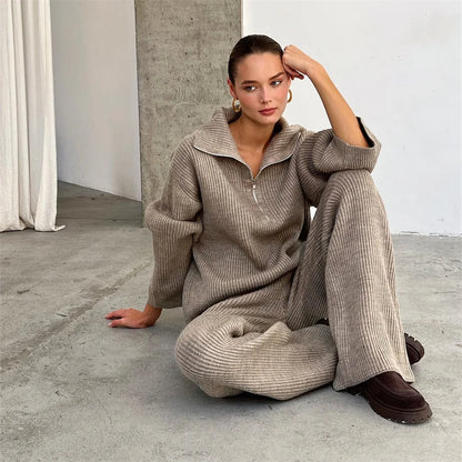 Half-Zip Turtleneck Knitted Two-Piece Set