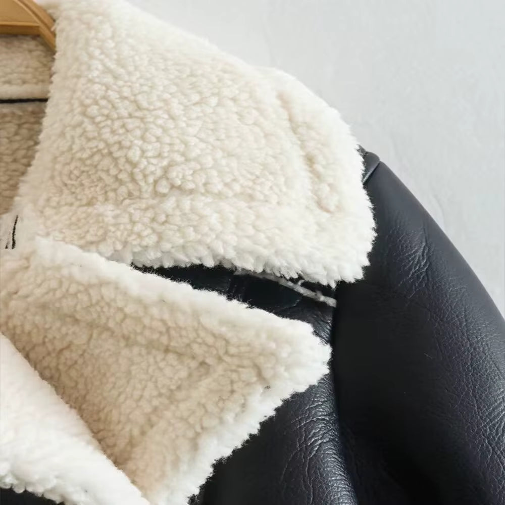 Double-Sided Shearling-Lined Cropped Leather-Effect Jacket