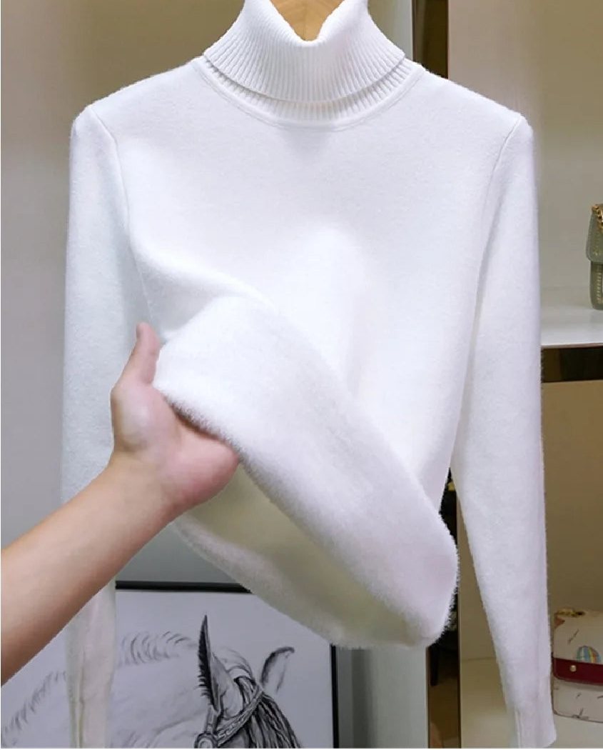 Velvet-Lined Turtleneck Knitted Sweater