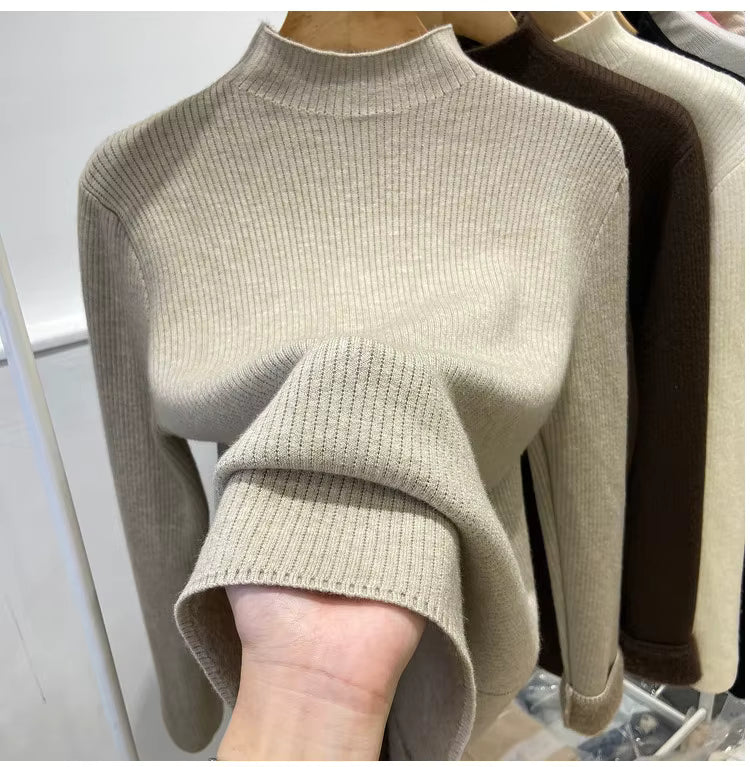 Velvet-Lined Turtleneck Knit Sweater
