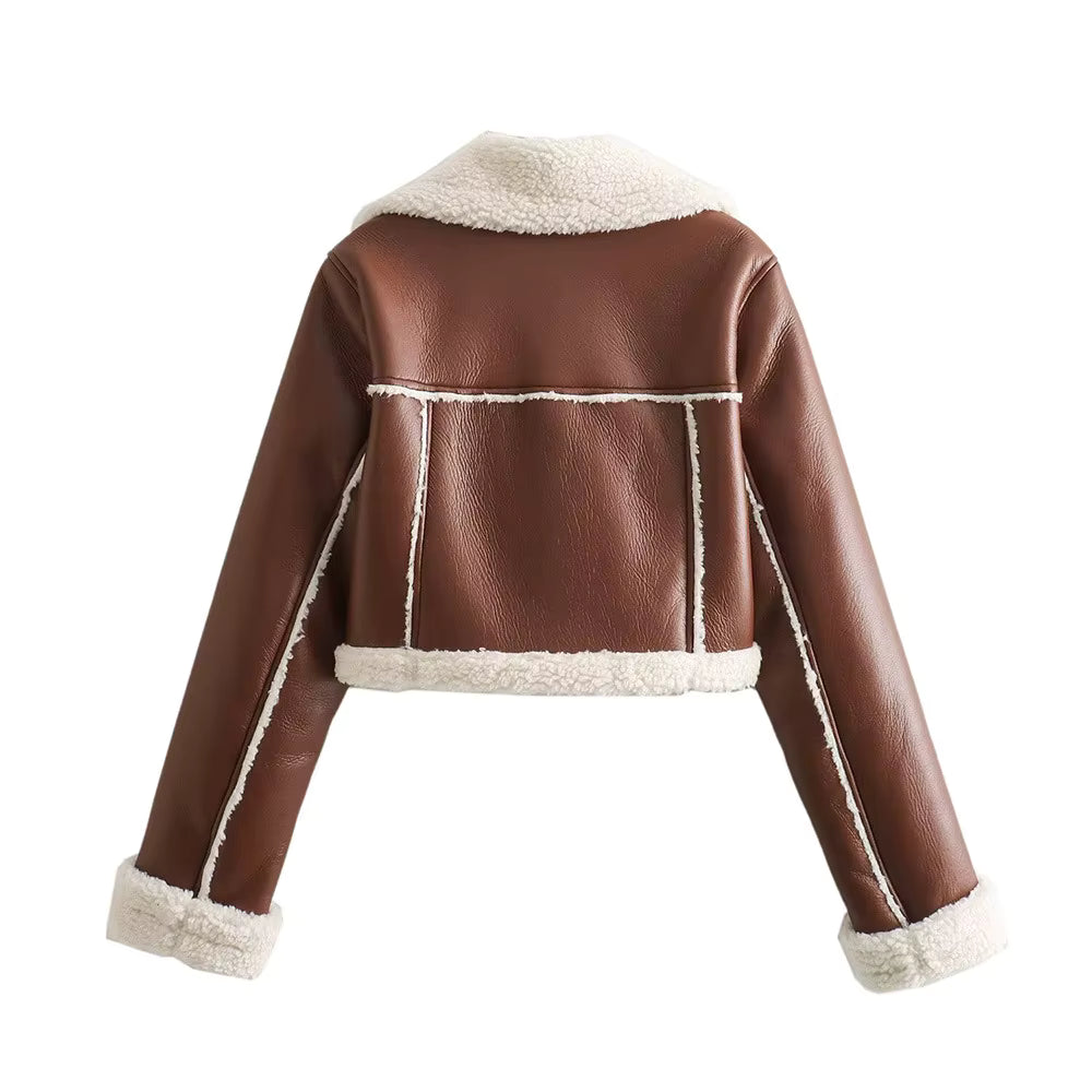 Double-Sided Shearling-Lined Cropped Leather-Effect Jacket
