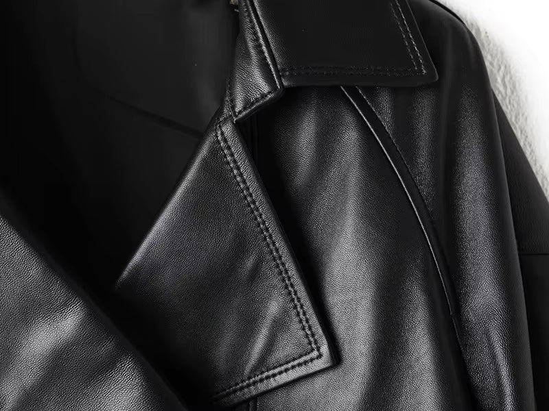 Cropped Genuine Leather Double-Breasted Belted Jacket