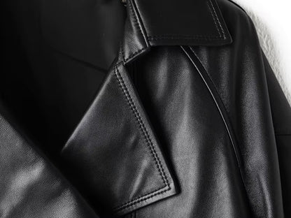 Cropped Genuine Leather Double-Breasted Belted Jacket