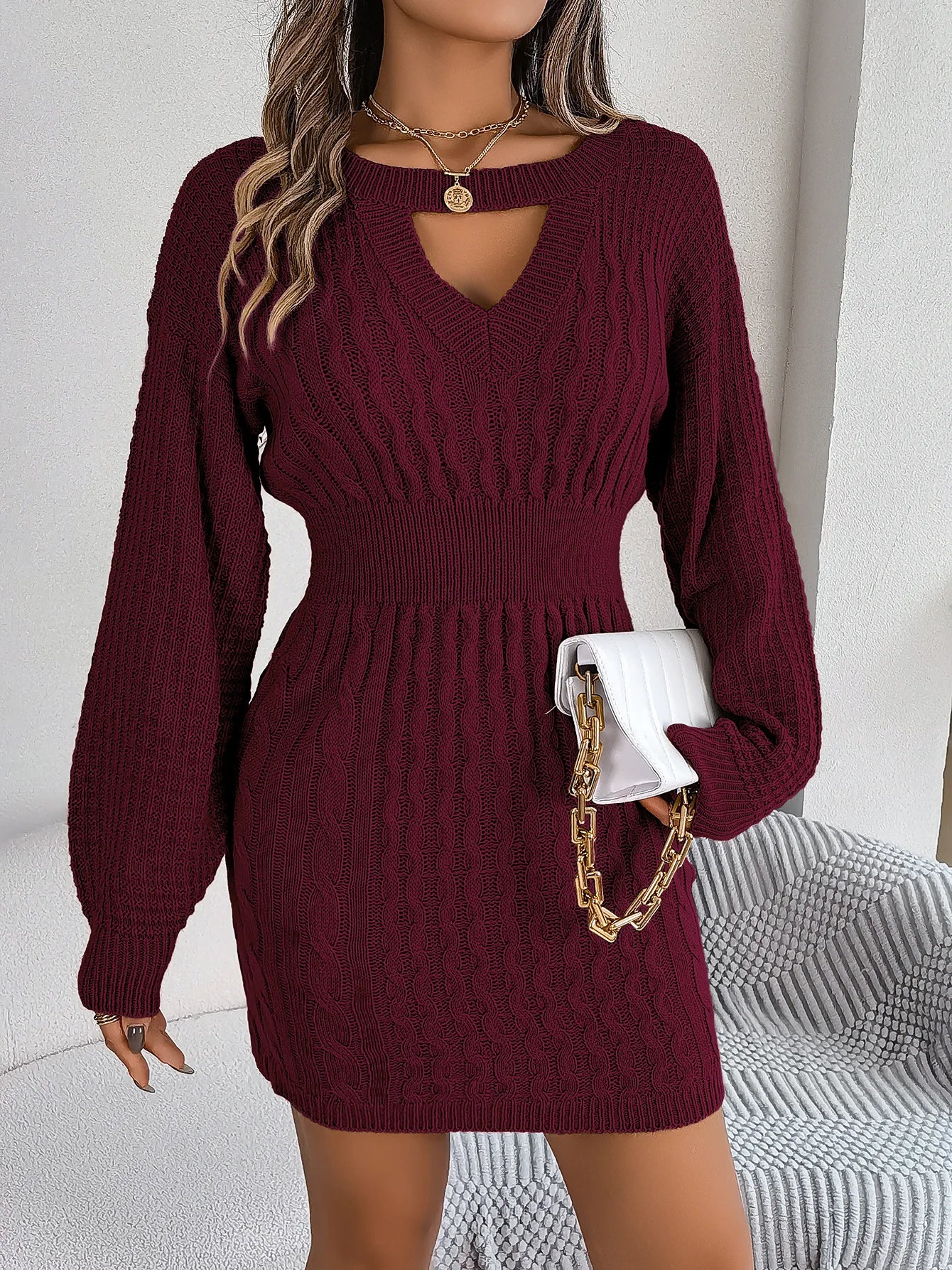 Elegant Cut-Out Cable Knit Mini Dress