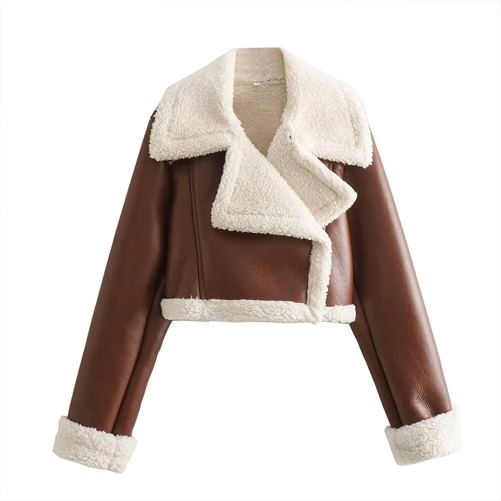 Double-Sided Shearling-Lined Cropped Leather-Effect Jacket