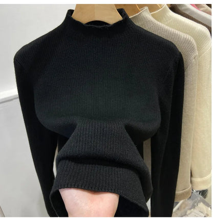 Velvet-Lined Turtleneck Knit Sweater