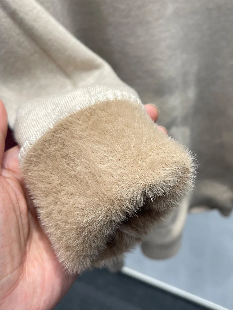 Velvet-Lined Turtleneck Knitted Sweater