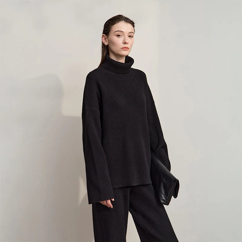 Ribbed Turtleneck Knitted Two-Piece Set