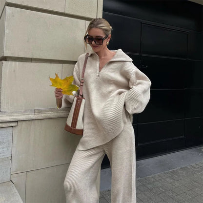 Half-Zip Turtleneck Knitted Two-Piece Set