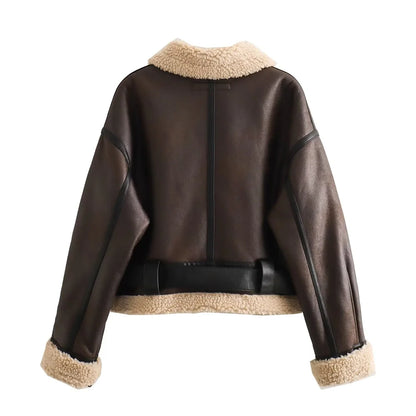 Short Shearling-Lined Leather-Effect Winter Jacket