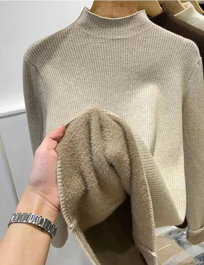 Velvet-Lined Turtleneck Knit Sweater