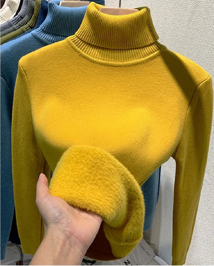 Velvet-Lined Turtleneck Knitted Sweater