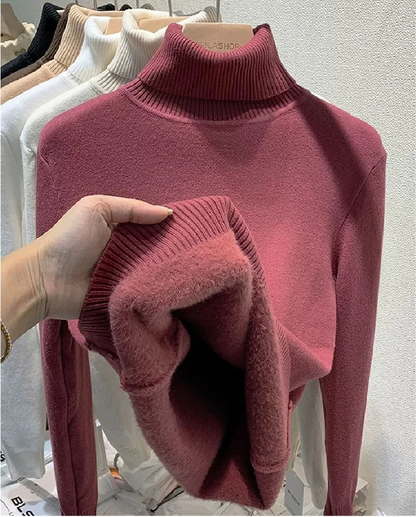 Velvet-Lined Turtleneck Knitted Sweater