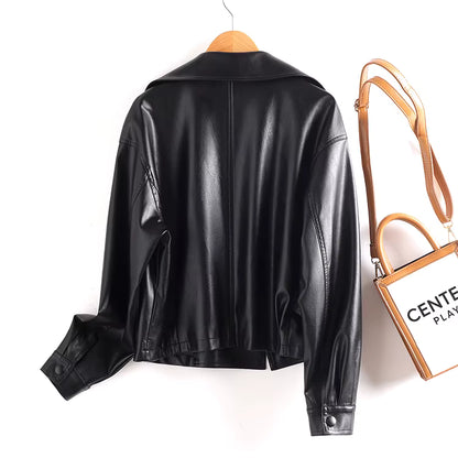 Loose-Fit Leather-Effect Jacket with Wide Lapel
