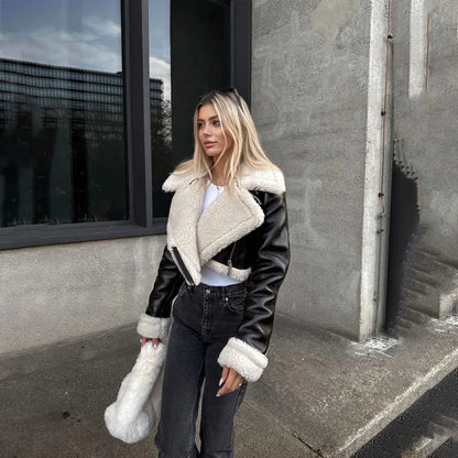 Double-Sided Shearling-Lined Cropped Leather-Effect Jacket