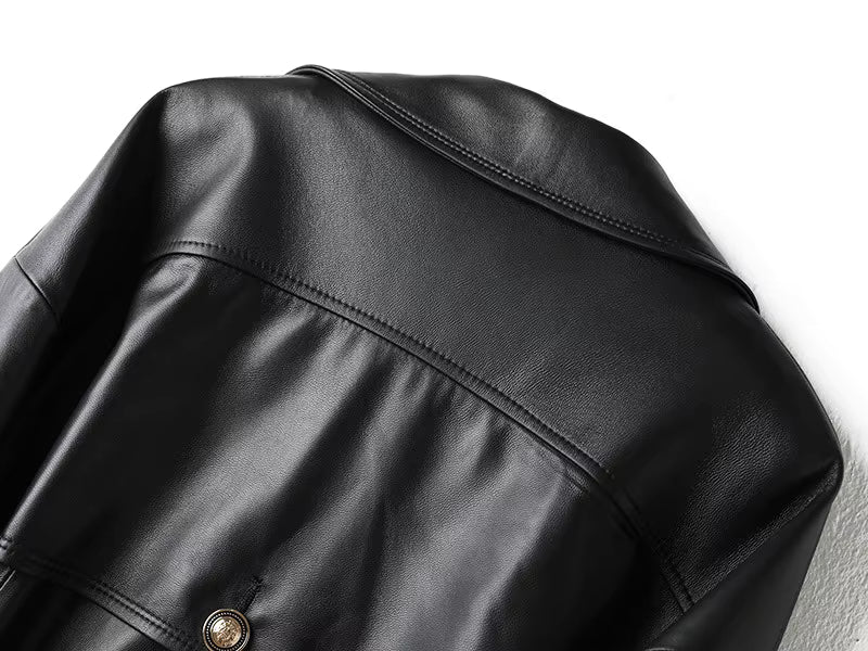 Cropped Genuine Leather Double-Breasted Belted Jacket