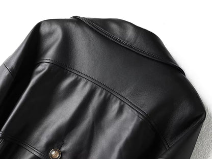 Cropped Genuine Leather Double-Breasted Belted Jacket