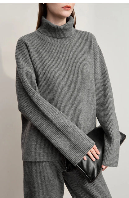 Ribbed Turtleneck Knitted Two-Piece Set