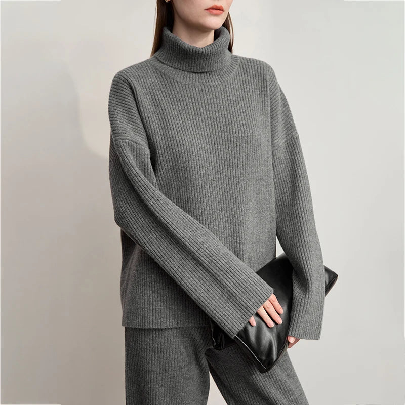 Ribbed Turtleneck Knitted Two-Piece Set