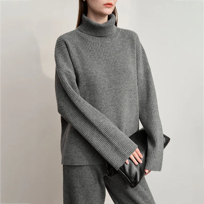 Ribbed Turtleneck Knitted Two-Piece Set