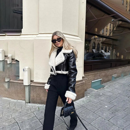 Double-Sided Shearling-Lined Cropped Leather-Effect Jacket