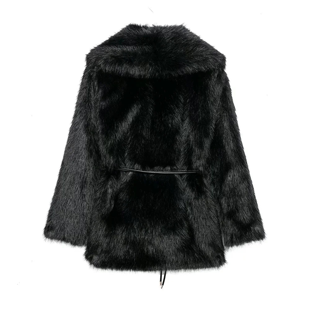 Medium-Length Faux Fur Coat with Belt Detail