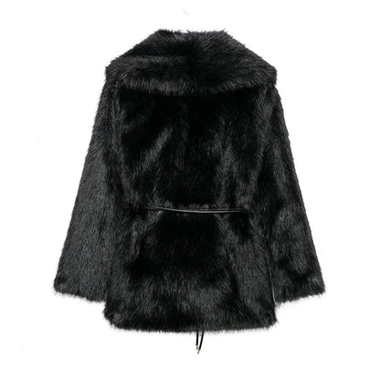 Medium-Length Faux Fur Coat with Belt Detail