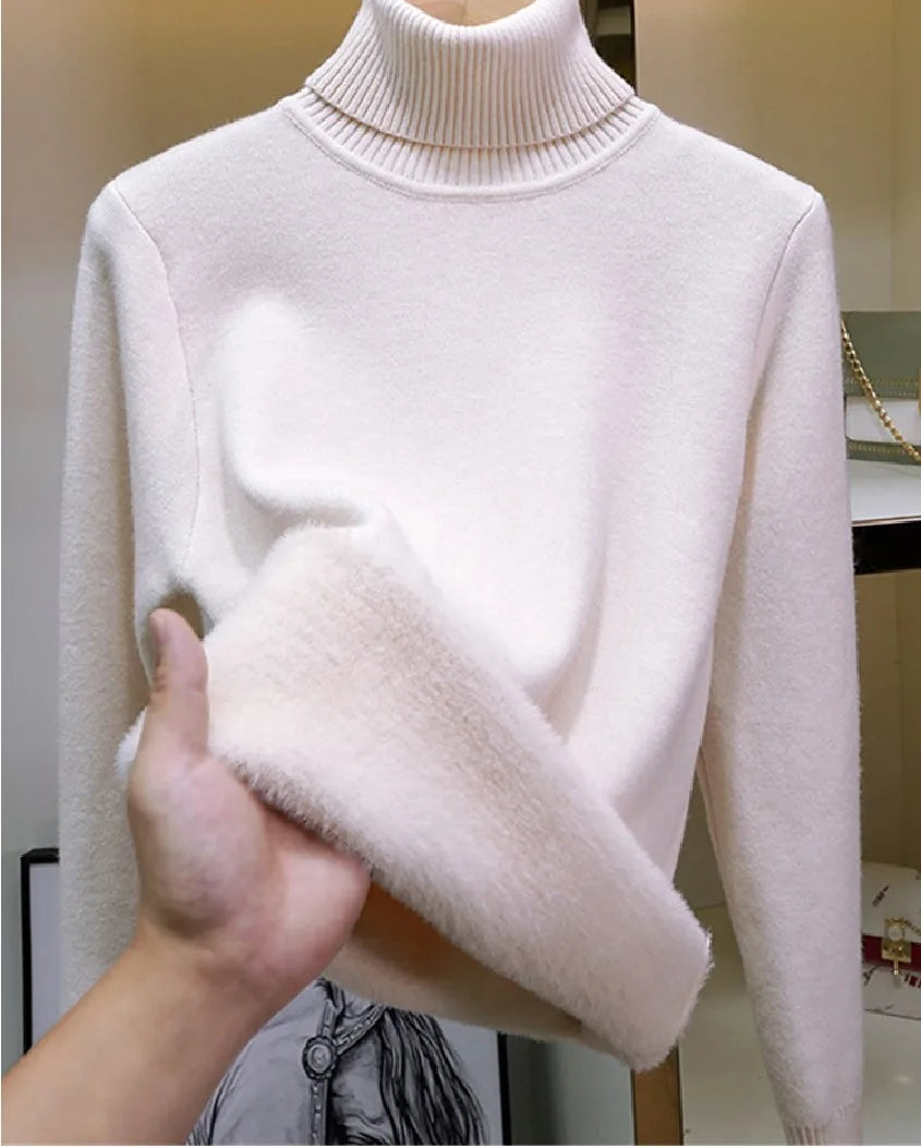 Velvet-Lined Turtleneck Knitted Sweater