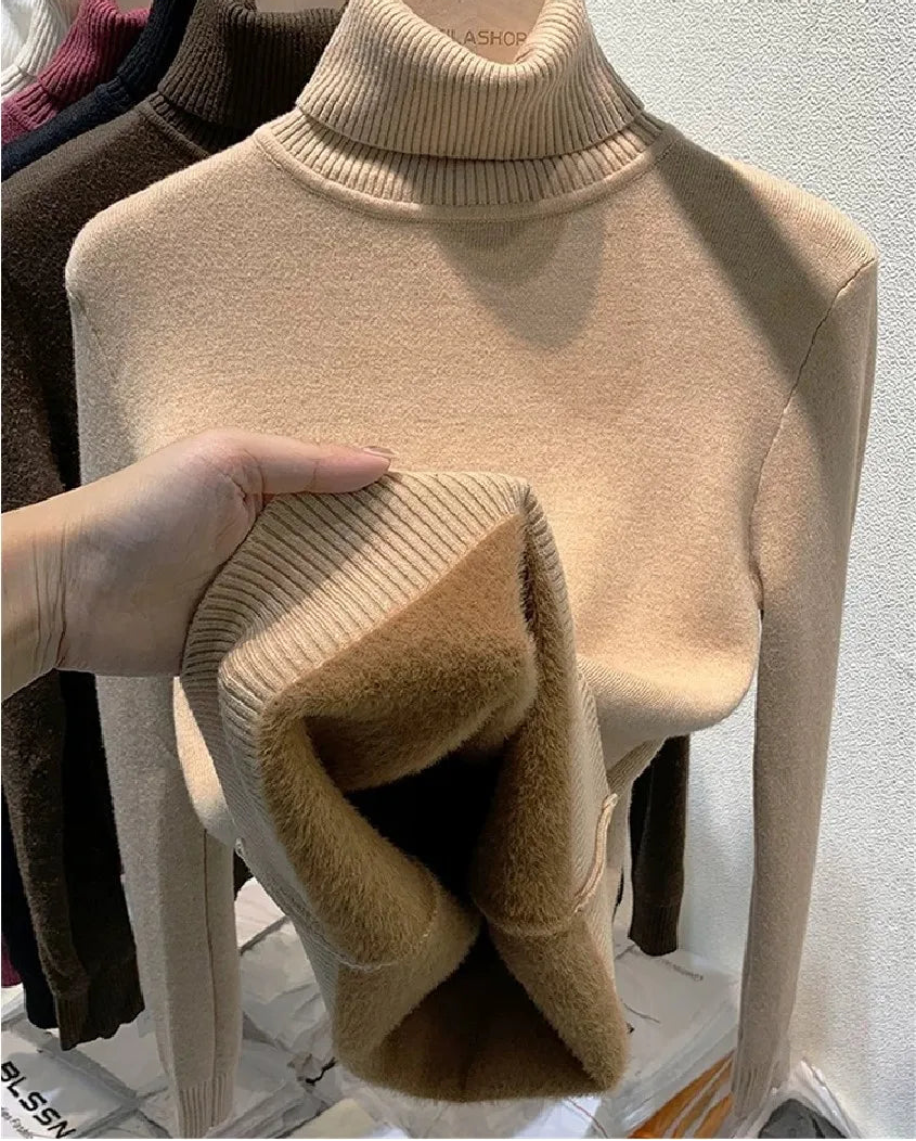 Velvet-Lined Turtleneck Knitted Sweater