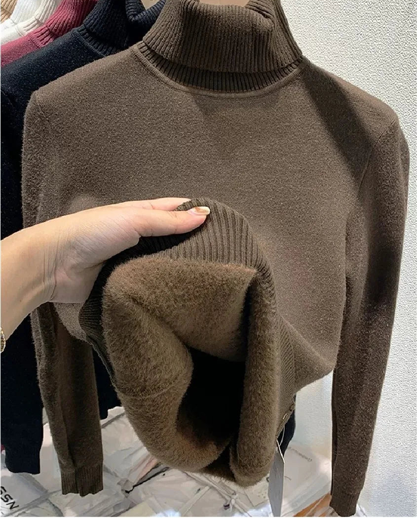 Velvet-Lined Turtleneck Knitted Sweater