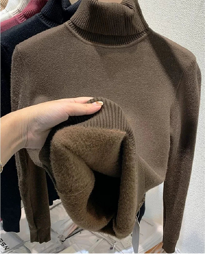Velvet-Lined Turtleneck Knitted Sweater